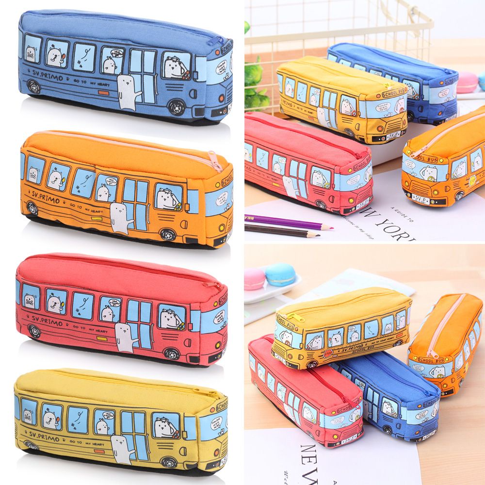 Túi Đựng Bút Bằng Vải Canvas In Hình Xe Buýt Hoạt Hình Nhiều Màu Sức Chứa Lớn Tiện Dụng Cho Học Sinh