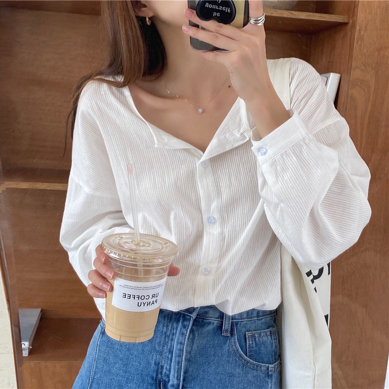 Áo sơ mi Trơn nữ Dài tay Form rộng Cổ tròn Retro Ulzzang Hàn Quốc Áo sơ mi nữ Tay dài Thời trang