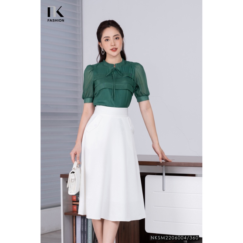 Áo Sơ Mi Nữ NK Fashion Thiết Kế Phối Tơ Thân Xếp Tay Bồng, Chất Vải Nhập Hàn Cao Cấp NKSM2206004