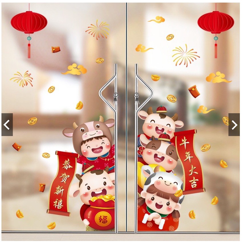 DECAL DÁN TƯỜNG - 5 BẠN TRÂU NỐI NHAU DÁN CỬA CHÀO TẾT