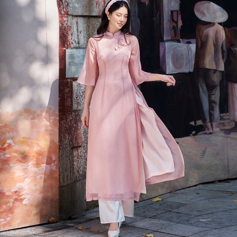 Áo Dài Cách Tân nữ 4 Tà  Đính Hoa Ngực Thiết Kế Siêu Xinh MS 24