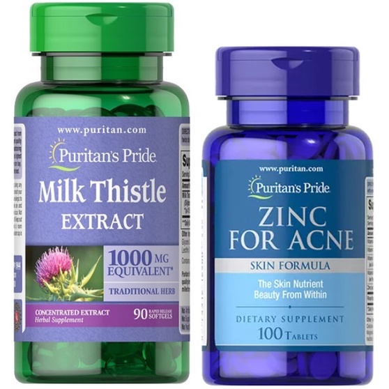 Combo thải độc mát gan sạch mụn ngừa nóng trong Puritan's Pride-Zinc for acne 100v Milk thistle 100mg 90v