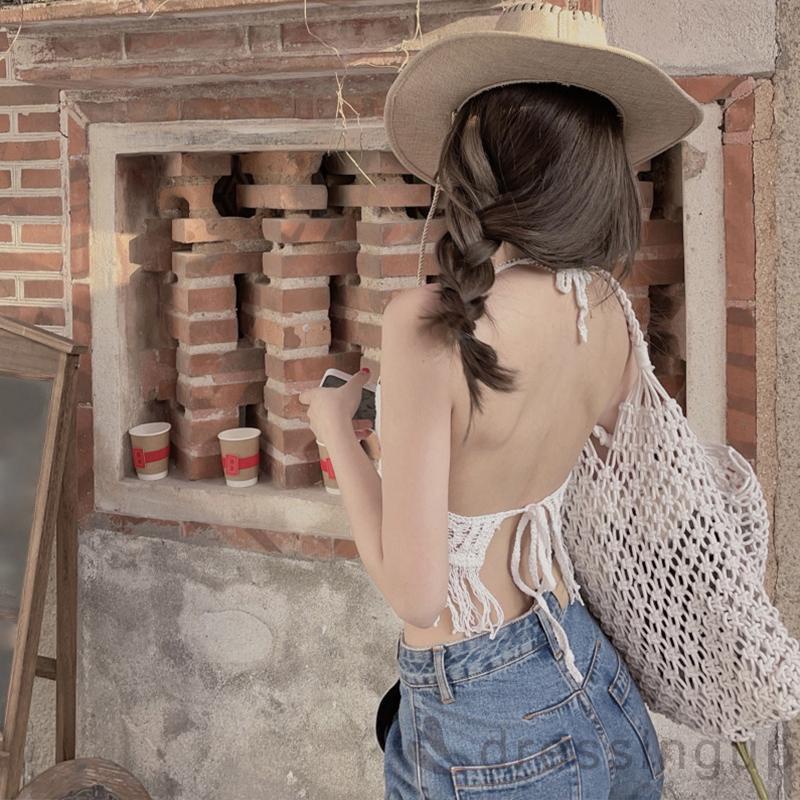 Áo Dệt Kim Hai Dây Hở Lưng Màu Sắc Trơn Thời Trang Cho Nữ