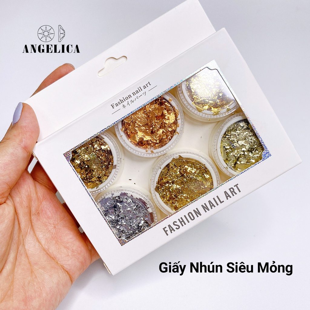 Set Giấy Bạc/ Giấy Nhún Nail Siêu Mỏng Ẩn Gel Trang Trí Móng ANGELICA SNSM 6 Hũ