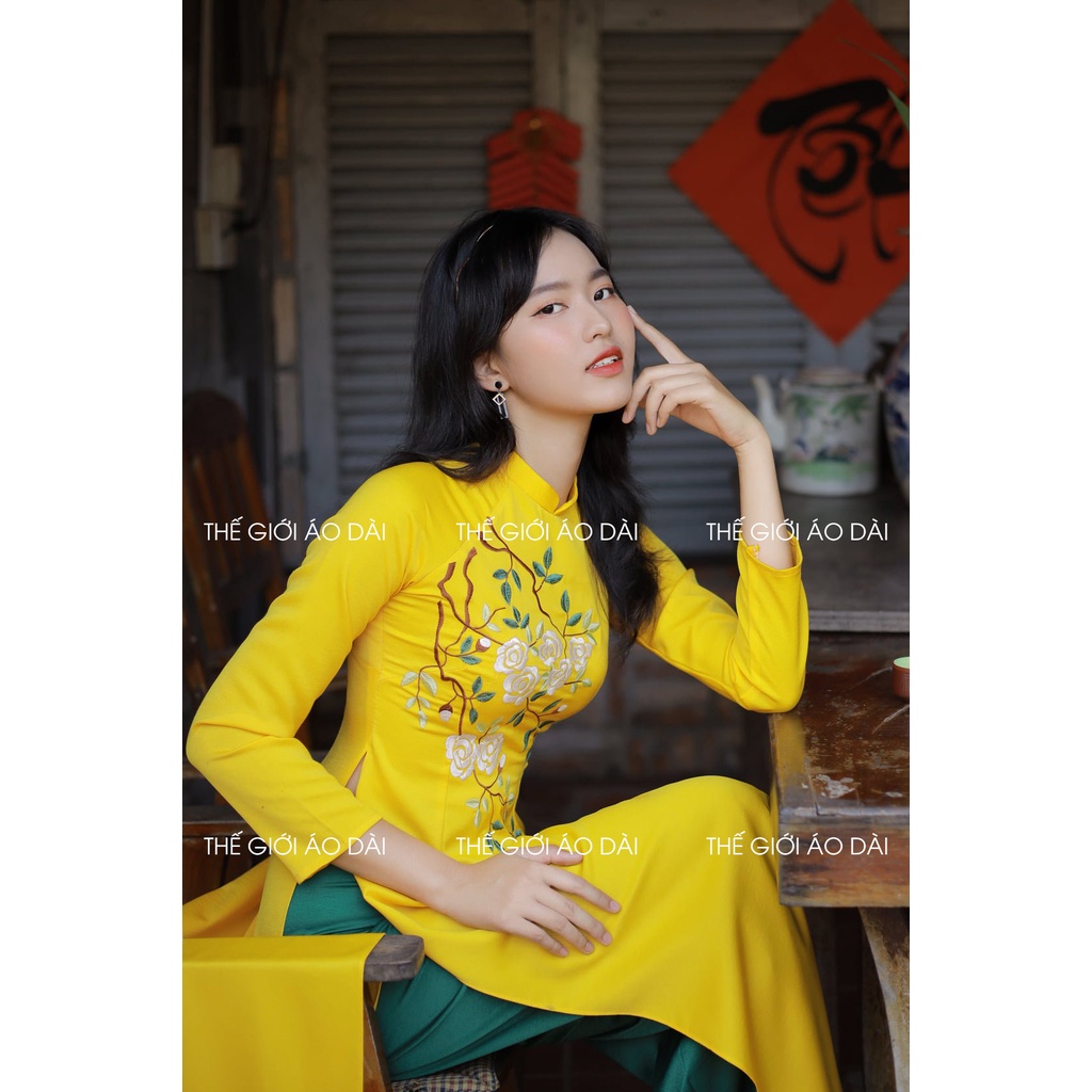 Áo dài nữ họa tiết hoa hồng truyền thống thêu vi tính trước ngực vải lụa tây thi cao cấp mặc đẹp đám cưới hỏi lễ tết đẹp