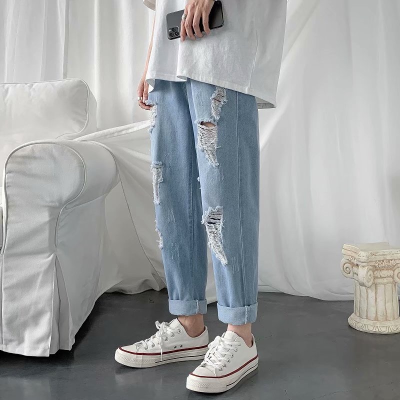 S-5XL quần jean nam ống suông unisex quần bò nam rách gối trẻ tuổi thời trang quần jean nam cao cấp phong cách Hàn Quốc quần jean nam ống đứng