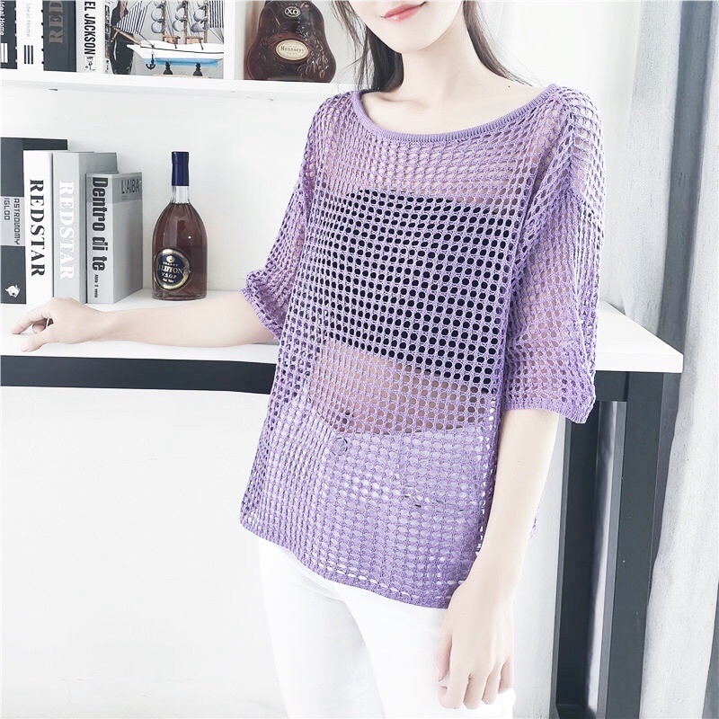 (SẴN) Áo lưới tay lỡ dáng thụng, áo len lưới mùa hè