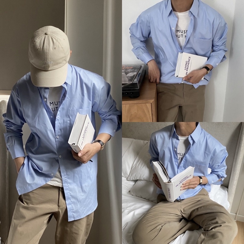 [Mã SRBACK010912 hoàn 20K xu đơn 50K] Áo Sơ Mi Dài Tay Chất Liệu Cotton Màu Xanh Pastel dành cho Nam Heebyohi | BigBuy360 - bigbuy360.vn