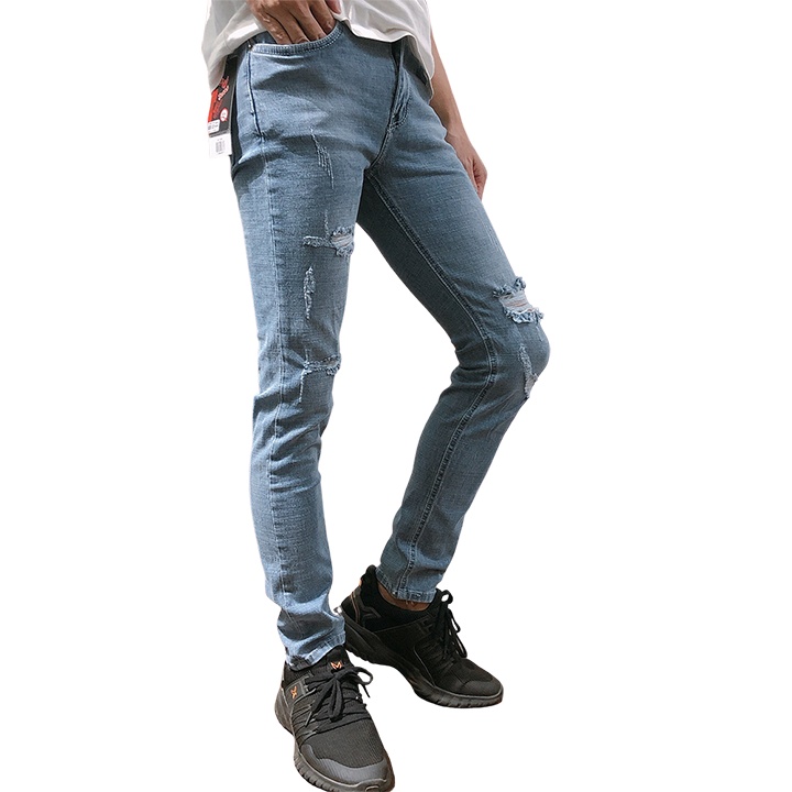 [Mã LT50 giảm 50k đơn 250k] Quần jean dài nam LB màu xanh rách đắp gối màu xanh jean phom body DNBB021 | BigBuy360 - bigbuy360.vn