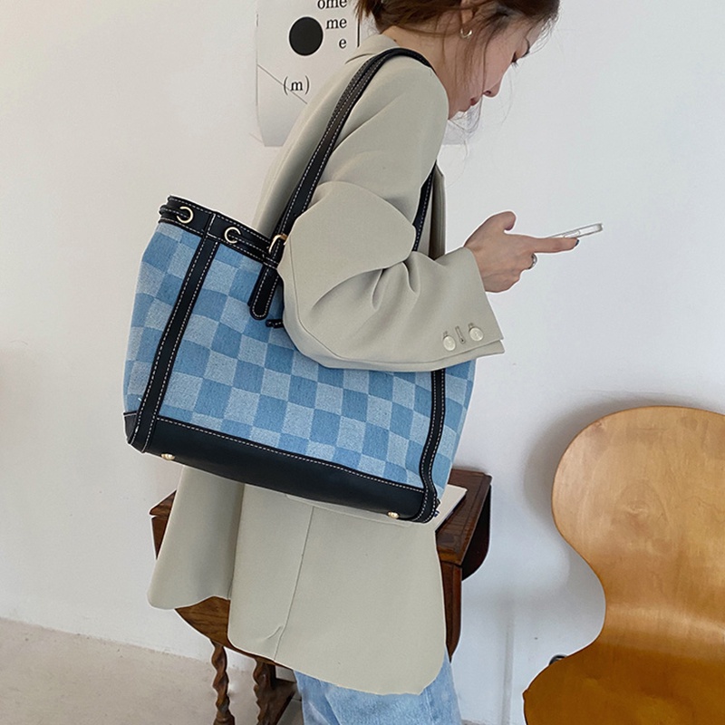 Túi đeo vai IELGY bằng vải canvas cỡ lớn họa tiết kẻ ô đơn giản thời trang cho nữ
