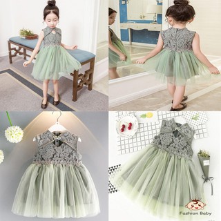 ✿BB-Summer Girls Cotton Cute Print Mesh Stitching Lace Cheongsam Sleeveless Sweet Princess Dress