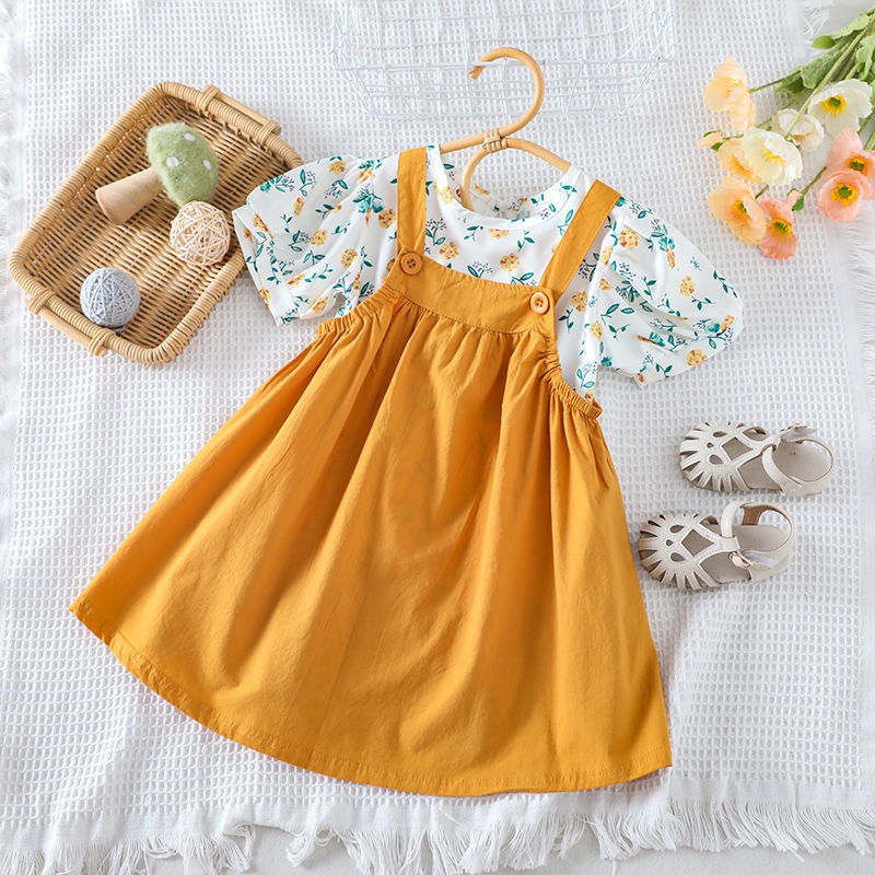 Áo Sơ Mi Tay Ngắn Phồng Họa Tiết Hoa + Đầm Hai Mảnh Thời Trang Mùa Hè Hàng Mới Dành Cho Bạn Nữ