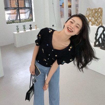 Áo Dệt Kim Cổ Chữ V Thêu Họa Tiết Phong Cách Pháp Thời Trang Mùa Hè Xinh Xắn Cho Nữ