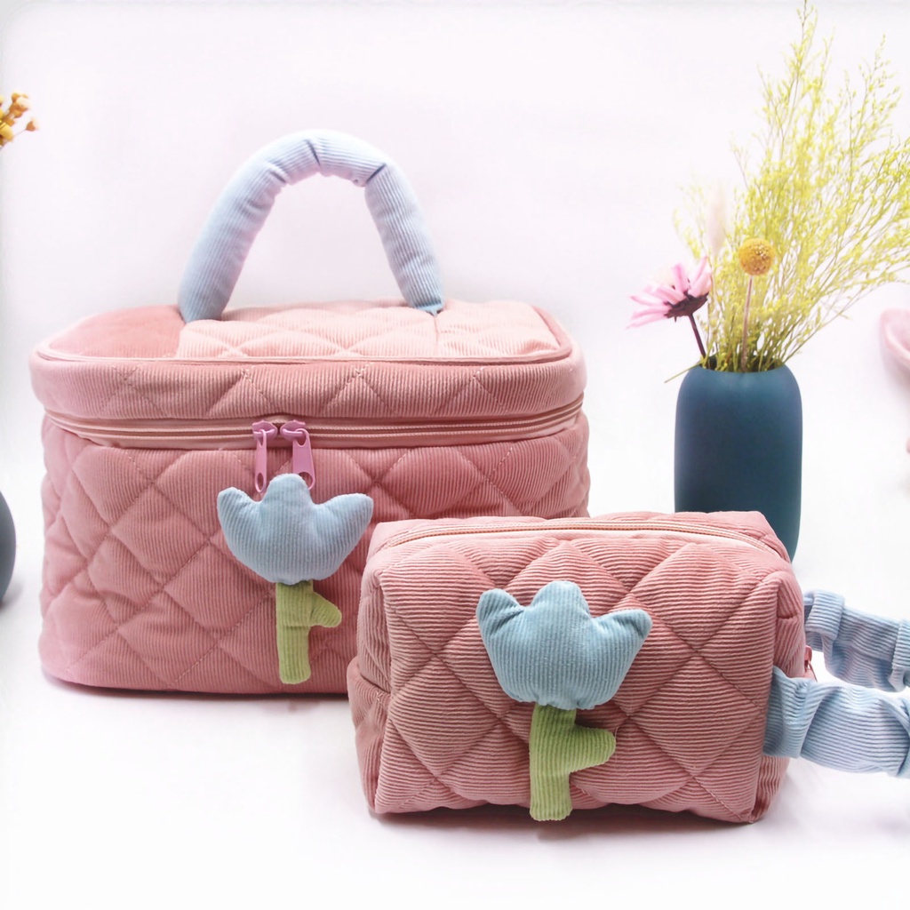 Có thể bán buôn Túi mỹ phẩm Corduroy Tulip có dung tích lớn đựng đồ vệ sinh di động đáng yêu cho bé gái Hàng giao ngayVirgina056