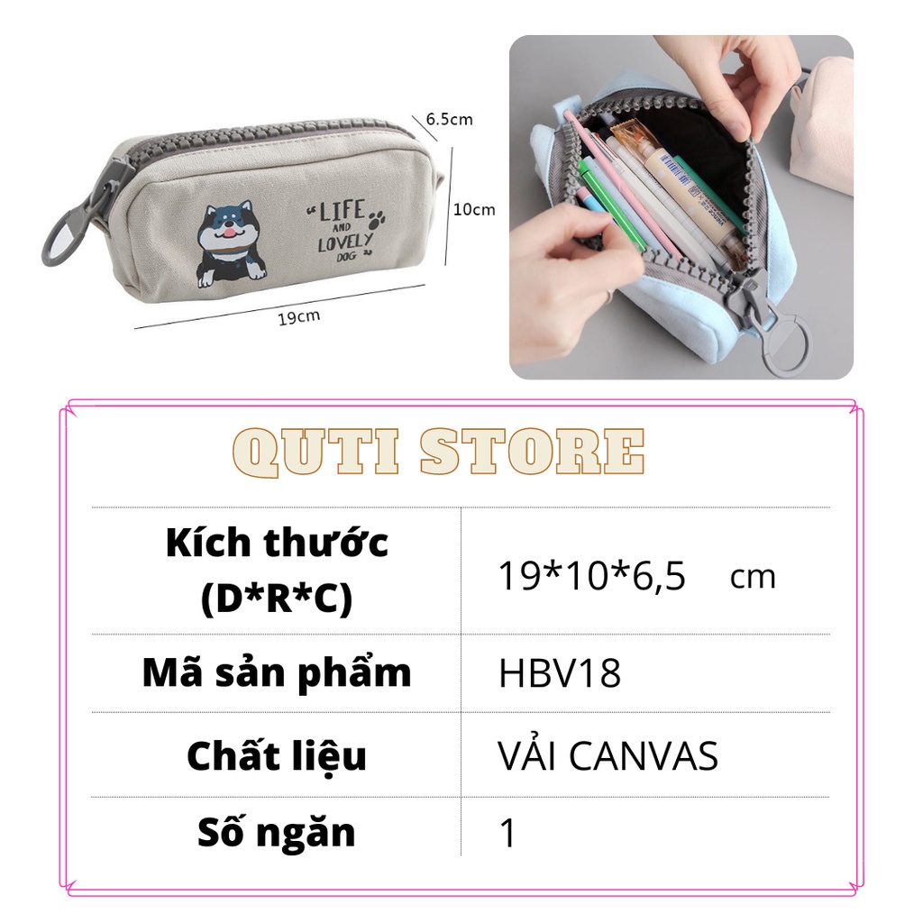 Bóp Viết Vải Canvas Có Khóa Zip Nhựa To, Hộp Bút To Hình Chó Shiba, Đựng Nhiều Máy Tính QUTI HBV18
