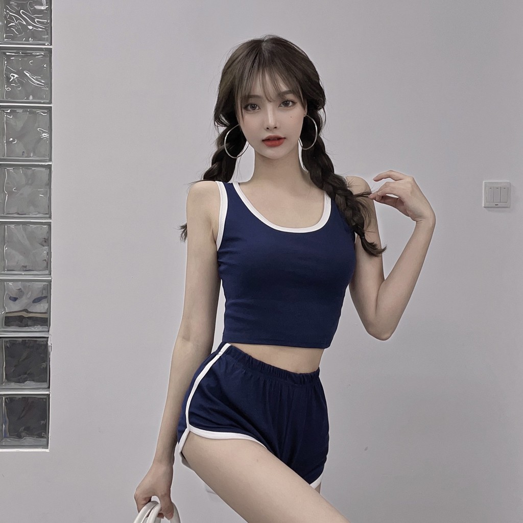 ♨▩Áo vest nữ thắt lưng ngắn eo retro + bộ quần short thể thao