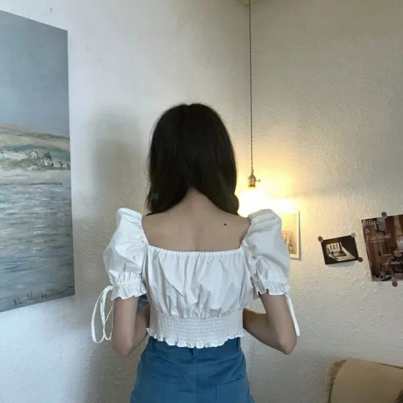 [Có sẵn - Ảnh thật - có video] Áo sơ mi nữ tay bồng dáng croptop, áo croptop trễ vai nơ ngực ulzzang A02 | BigBuy360 - bigbuy360.vn