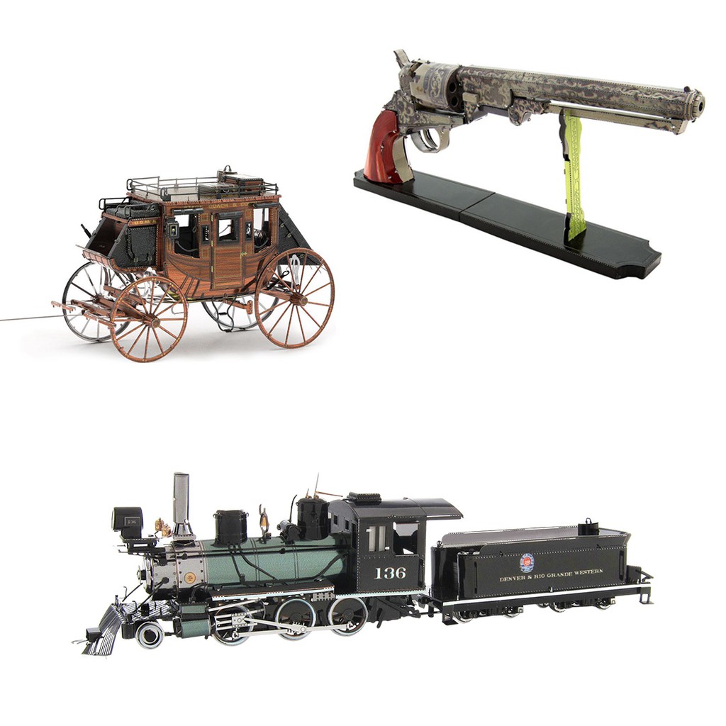 Mô Hình Kim Loại 3D Lắp Ráp Wild West Miền Viễn Tây Tàu Lửa 2-6-0, Revolver, Stage Coach