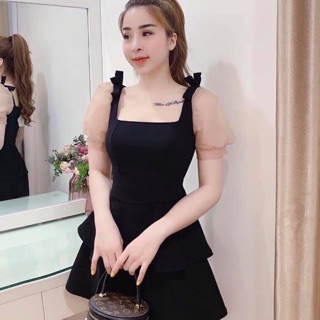 Đầm xòe 2 tầng kết nơ vai phối tay voan xinh lung linh