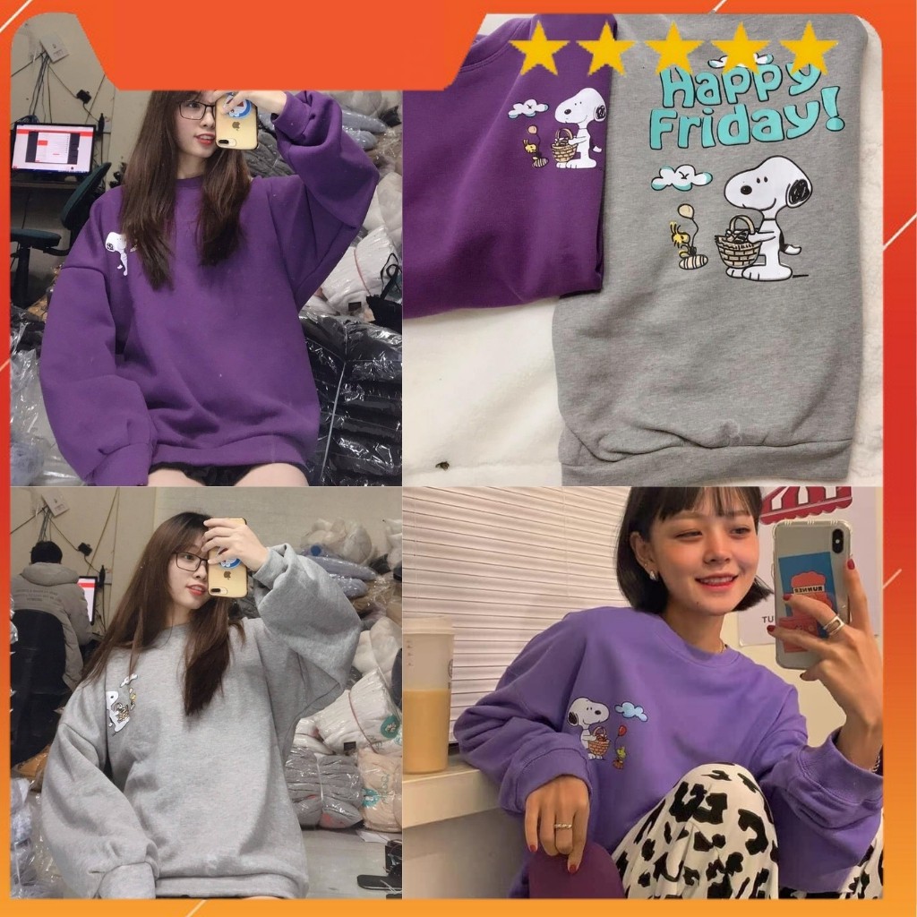 Áo sweater nỉ lót lông in hình chó happy puggy cực xinh form rộng kèm ảnh/video thật