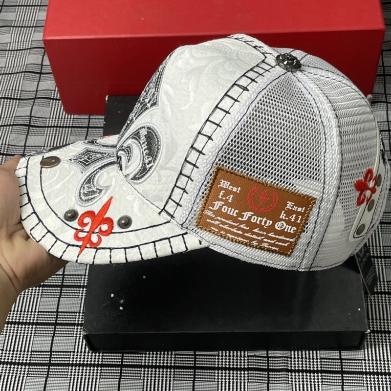 Nón kết FOUR 441 vải dệt hoa văn nổi, mũ lưỡi trai phối lưới thêu bông four cao cấp