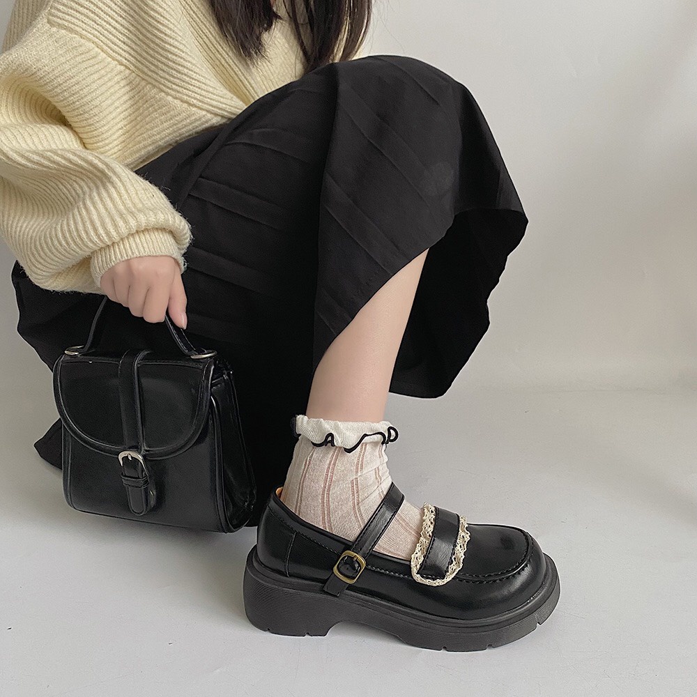 Giày Lolita Nữ Mary Quai Cài Thời Trang Phối Ren Mới Hot  Độn Đế Cao 5cm mã D599