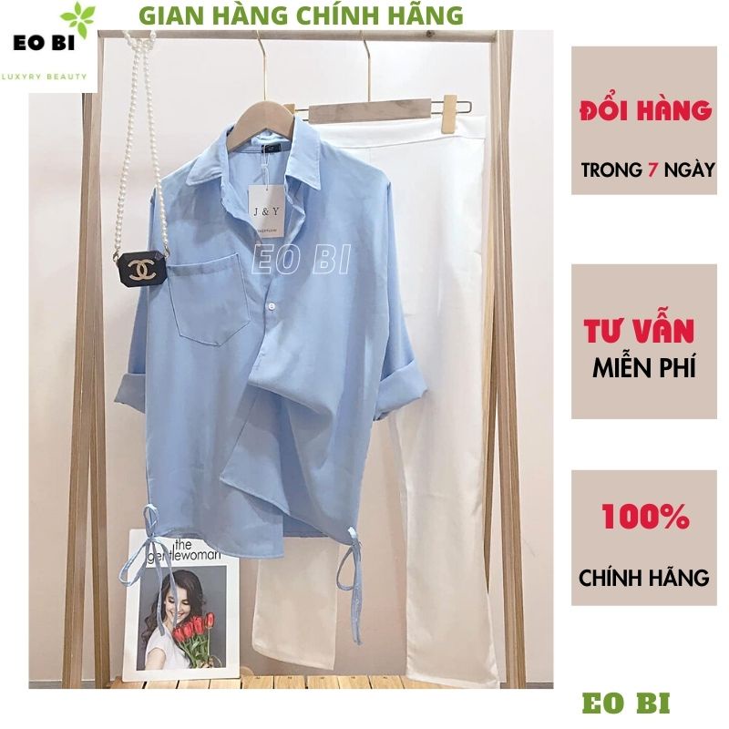 Set Áo sơ mi nữ xanh ngọc rút eo  kèm quần tây vải ống suông mầu trắng cực xinh thanh lịch ulzzang -EOBI | BigBuy360 - bigbuy360.vn
