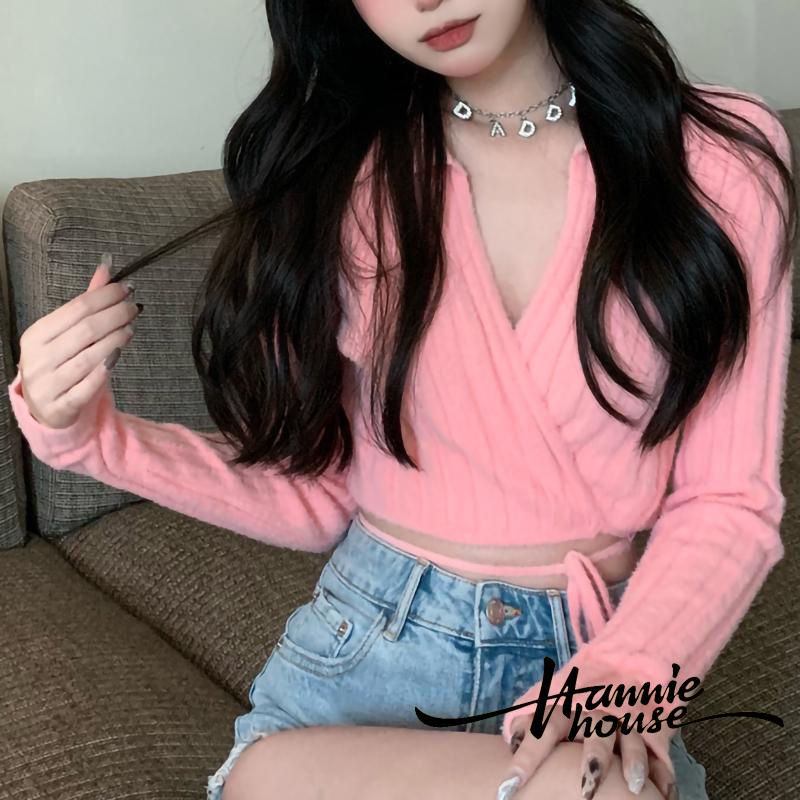 Áo dệt kim dài tay cổ chữ V buộc dây thiết kế thời trang cho nữ
