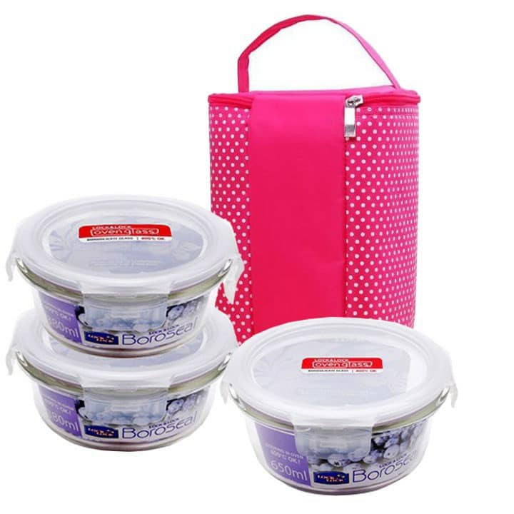 BỘ 3 HỘP THỦY TINH LOCK AND LOCK (KÈM TÚI GIỮ NHIỆT), CÁC DUNG TÍCH: 380 ML x2, 600 ML x1