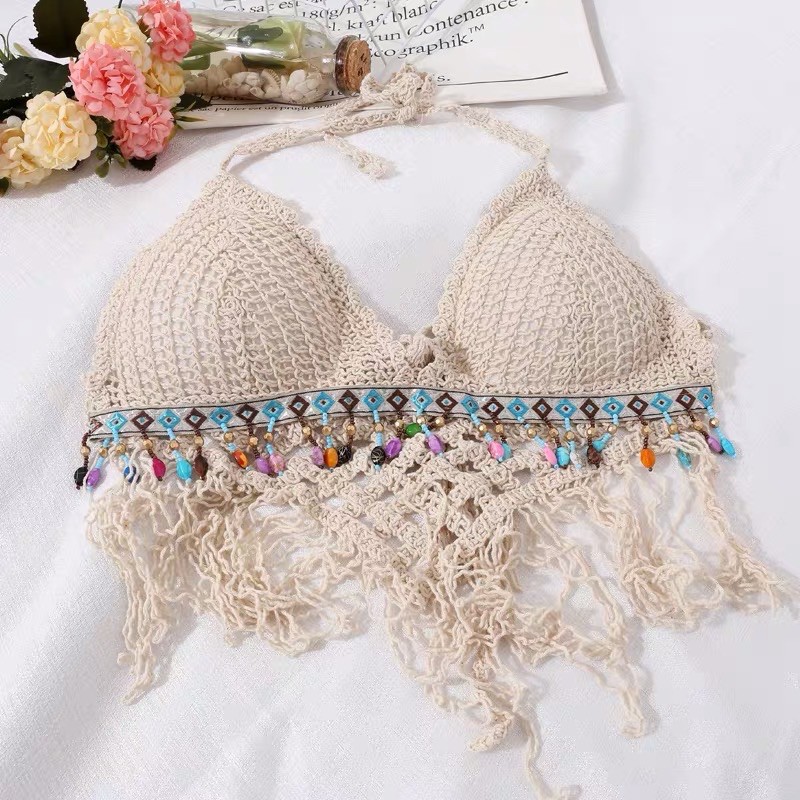 set 3 món - bra tam giác mix ngọc + quần ren hoa xẻ vạt sexy + choàng ren hạt choàng ren hạt gạo tay loe (có tách rời)