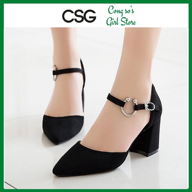Giày cao gót nữ đế vuông 7p da lộn giày nữ bít đầu đế vuông cao gót CSG