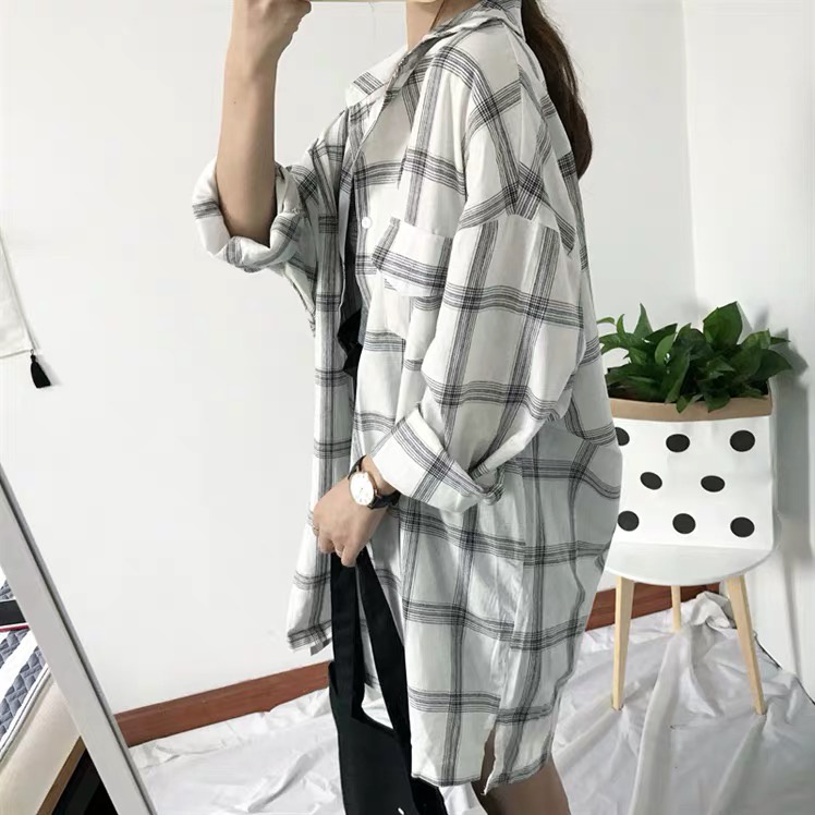 Áo sơ mi SUXI tay dài dáng rộng kẻ sọc caro trẻ trung phong cách Hàn Quốc cho nữ