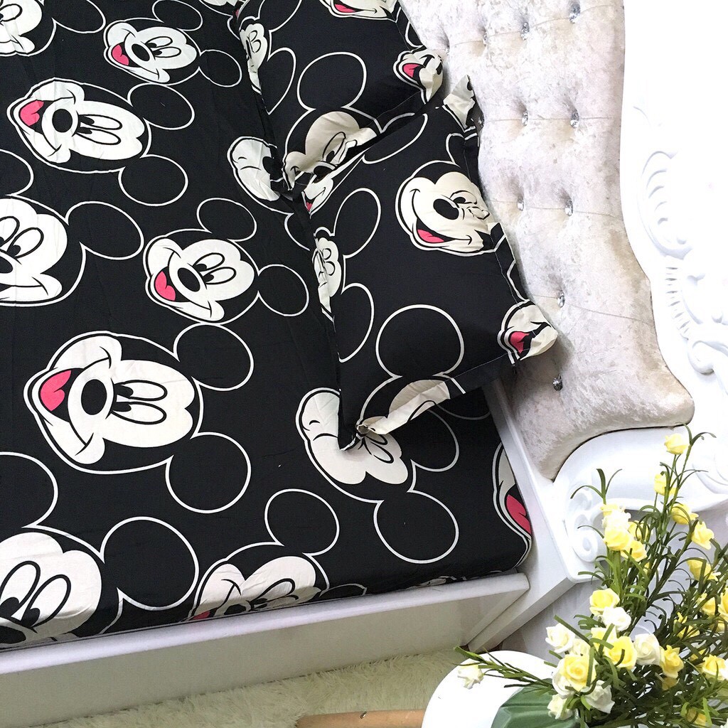 Bộ ra gối poly 1m6/1m8 x 2m⚡️ 1 drap giường + 2 áo gối nằm mẫu mickey đen trắng