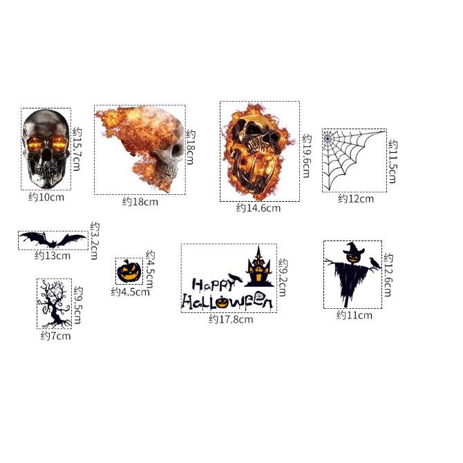 Decal trang trí Halloween hít tĩnh điện - Những chiếc đầu lâu lửa