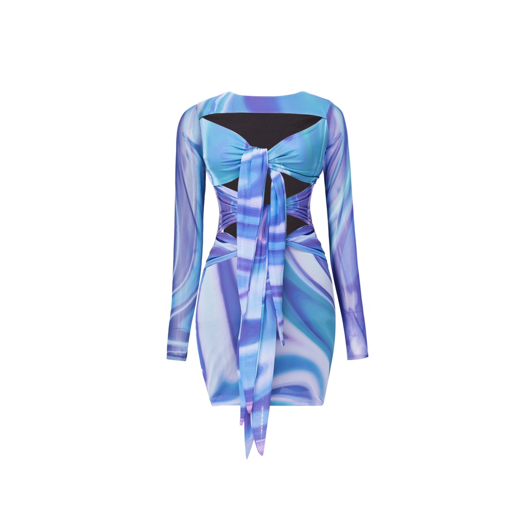 TATICHU - Đầm body cột dây lưới tay dài - Psychedelic Tie Front Mesh Dress