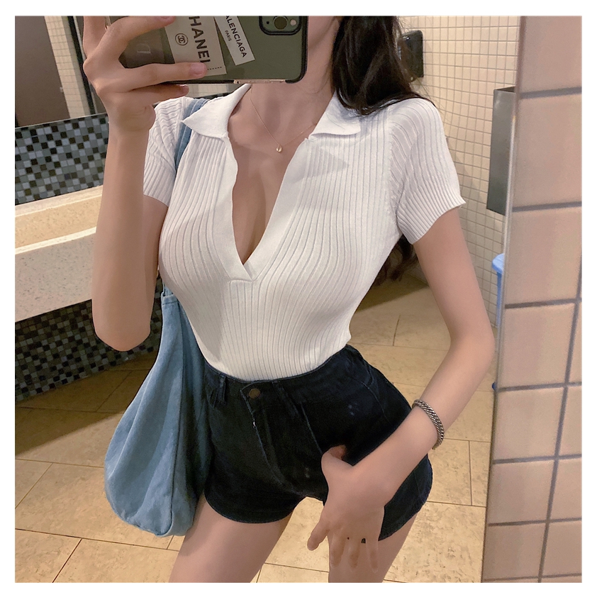 Áo dệt kim SUXI ngắn tay cổ chữ V phong cách retro