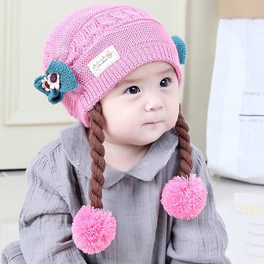 Mũ len tóc giả đuôi sam cho bé gái 0-3 tuổi