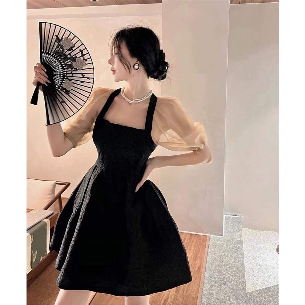 Váy baby doll nữ dự tiệc xinh xắn cổ vuông phối tay ren bồng ngắn trên gối