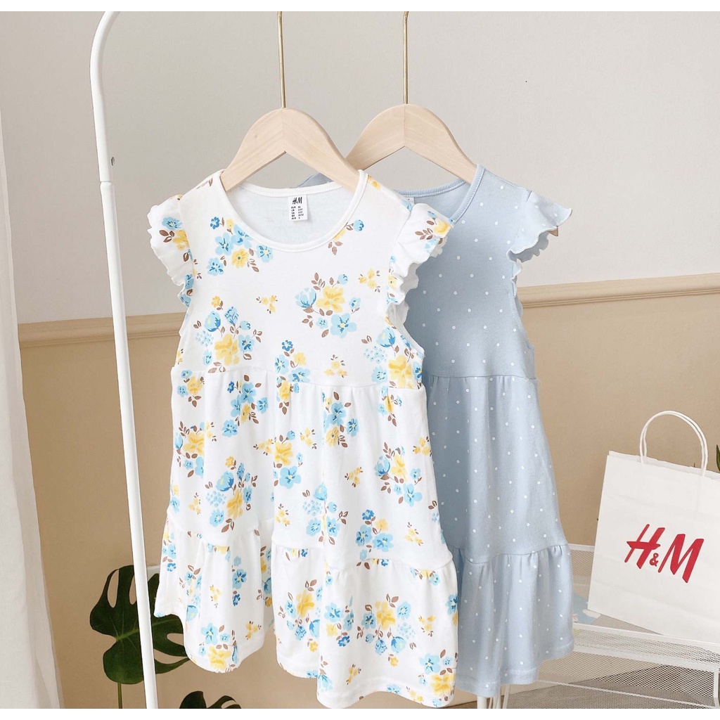 Sét 2 váy cotton,tay áo cánh tiên họa tiết chấm bi và hoa màu sắc pastel mát dịu, hãng HM cho bé gái