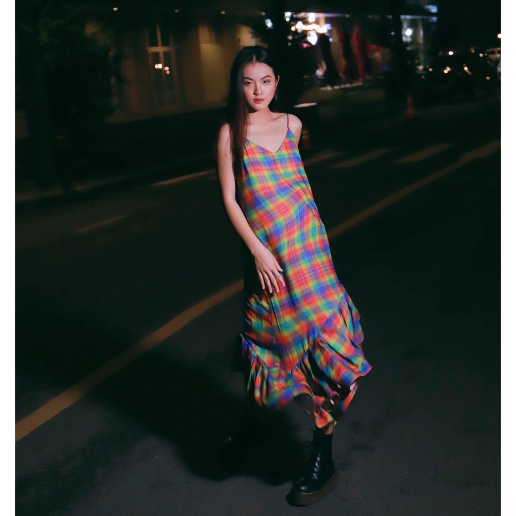 Đầm Hai Dây Maxi Chân Váy Xoè Cầu Vồng TARTAN - Tartan Dress SE / Rainbow / Tartan Pattern - TIẾT KIỆM 𝟗𝟗𝐤 khi mua combo