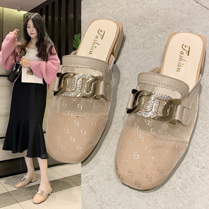 Dép sục nữ tiểu thư bề mặt lưới thoáng khí mũi vuông phù hợp dự tiệc,đi chơi du lịch