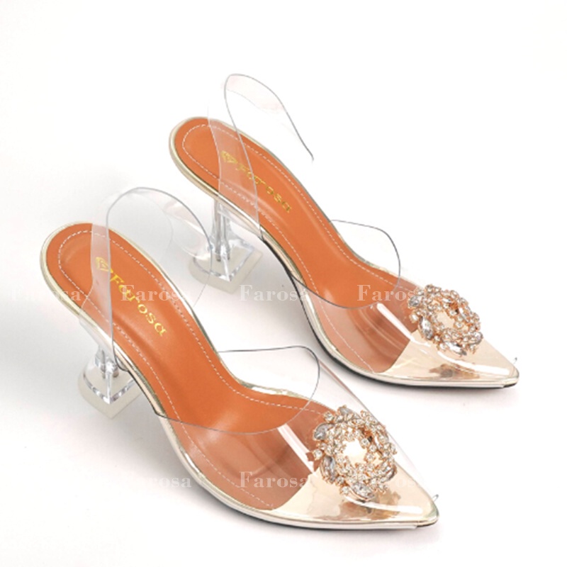 Giày guốc nữ cao gót 7cm quai trong FAROSA - A16  phối mặt hoa đá cực sang chảnh