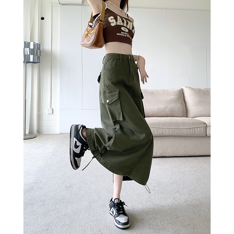 Xiaozhainv Chân Váy Chữ A Lưng Cao Phối Dây Rút Phong Cách Vintage