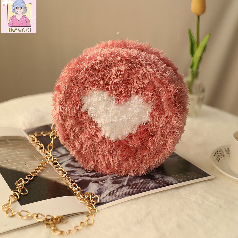 Túi đeo chéo tự đan handmade thời trang len xù phối trái tim - Phụ kiện đan túi HAVAKI
