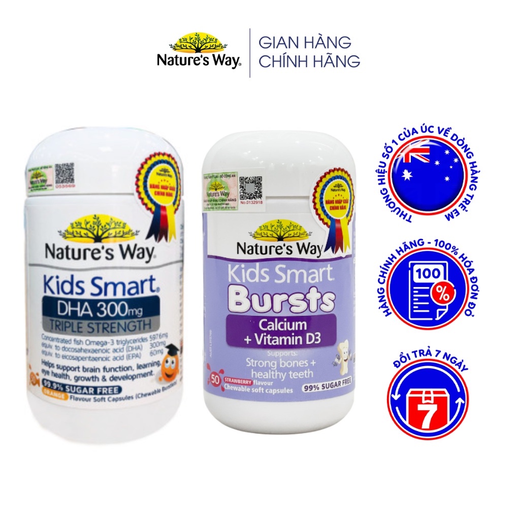 Combo Phát Triển Trí Não, Tăng Chiều Cao NATURE'S WAY Kids Smart DHA 300mg +Calcium, Vitamin D3  Cho Bé Từ 1 Tuổi 50v/lọ