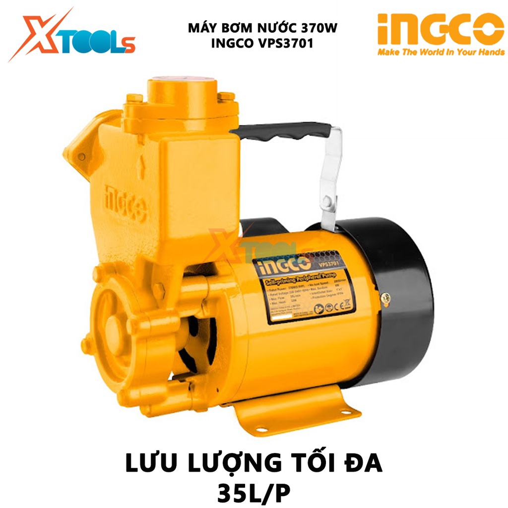 Máy bơm nước INGCO VPS3701 máy bơm tăng áp 370W (0.5HP), chiều cao bơm 32m, độ hút sâu 8m, mô tơ dây đồng tăng áp lực đư