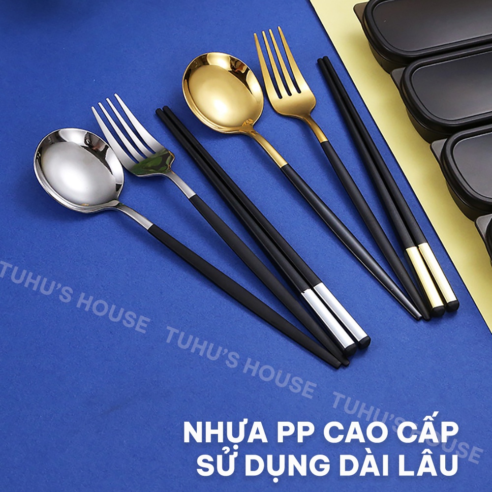 Bộ muỗng đũa nĩa thìa cá nhân phong cách HÀN QUỐC mạ vàng dụng cụ ăn cơm trưa văn phòng - TUHUHOUSE