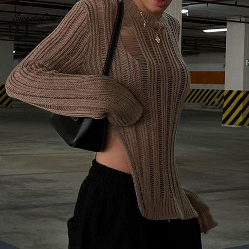 MsMona SweetyGirl Women's 2022 Fashion Solid Color Brown Round Neck Long Sleeve Knit Hollow Out Asymmetric Slim Fit Sexy All Match Casual Sweaters
