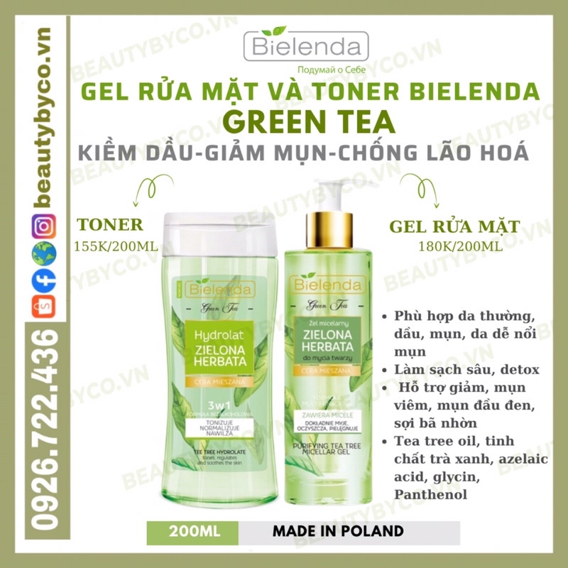 Gel rửa mặt & Toner Bielenda Green Tea làm sạch sâu, kiềm dầu, giảm mụn