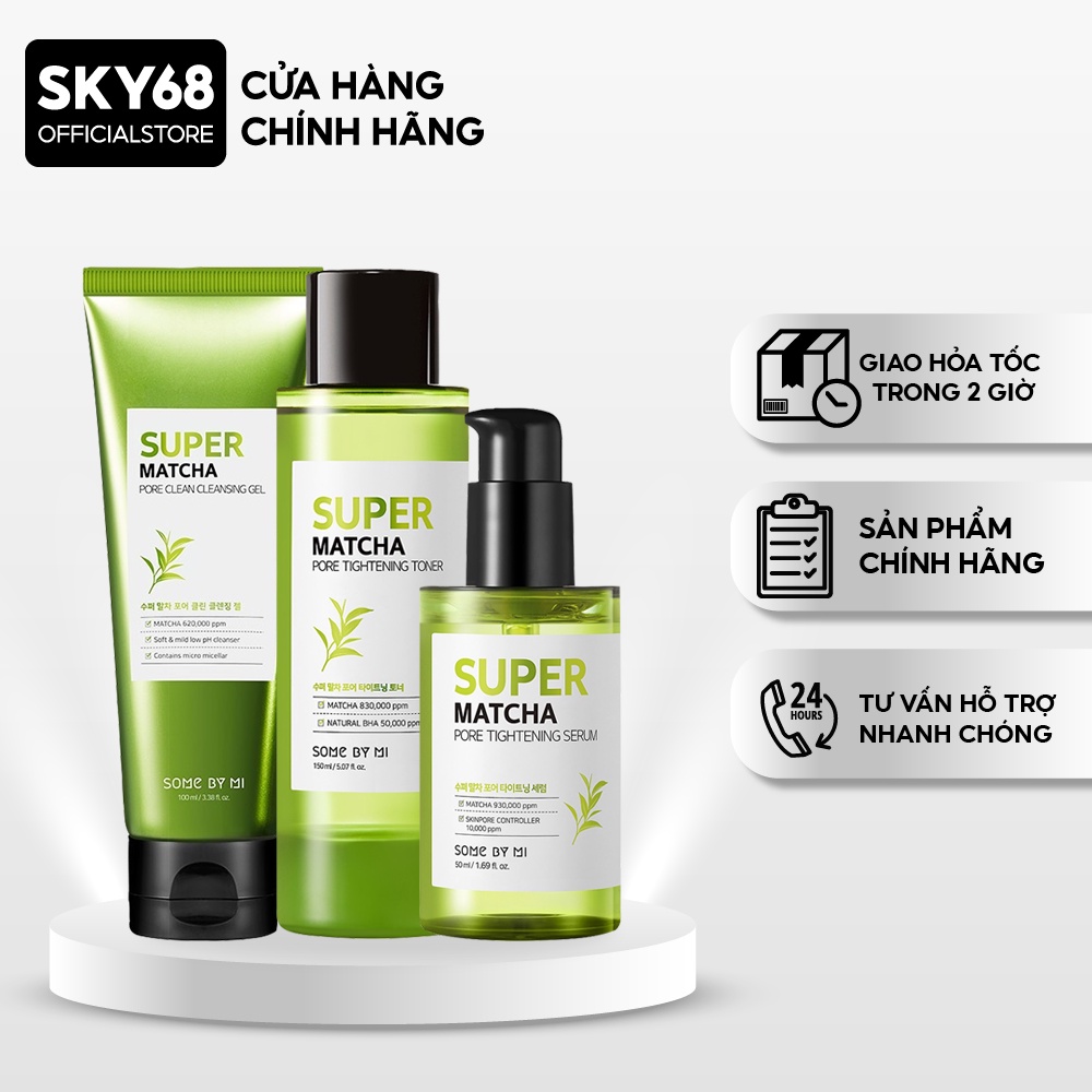 Bộ 3 Sản Phẩm Se Khít Lỗ Chân Lông, Điều Tiết Bã Nhờn Some By Mi Super Matcha Pore(rửa mặt 100ml, toner150ml,serum 50ml)